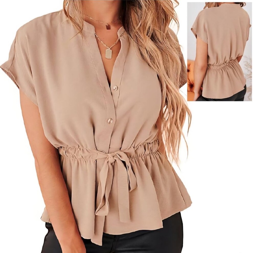 Cicibird Peplum Button-Up Blouse Sleeveless Beige Size M